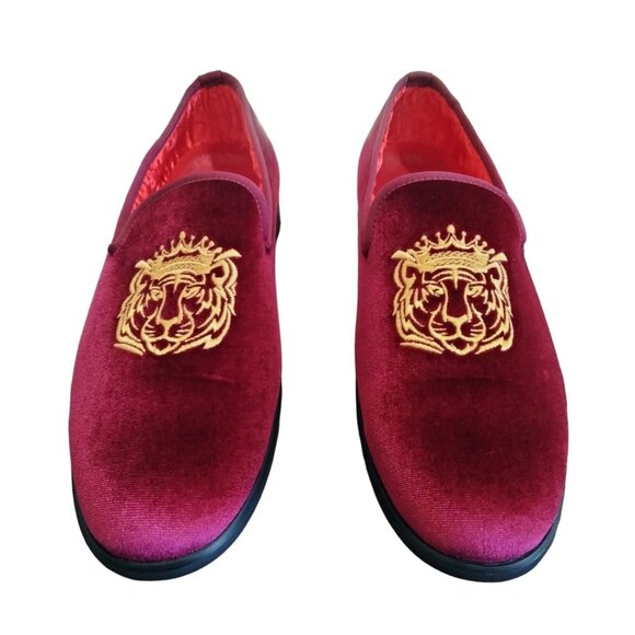 Elanroman Mens Rich Red Velvet Loafers Size 44 (10) Embroidered Tiger Design - Picture 3 of 13